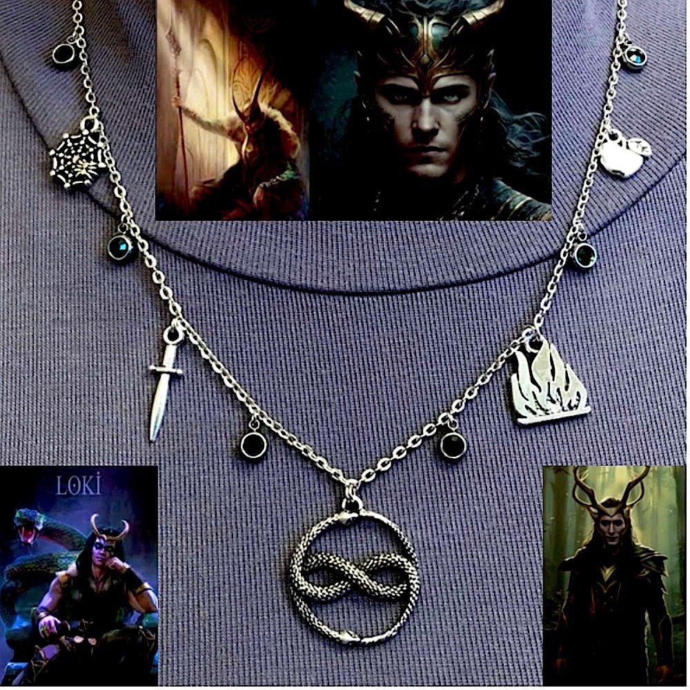 "Loki: God of Mischief" Norse Mythology Handmade Necklace Snakes Fire Spider Web